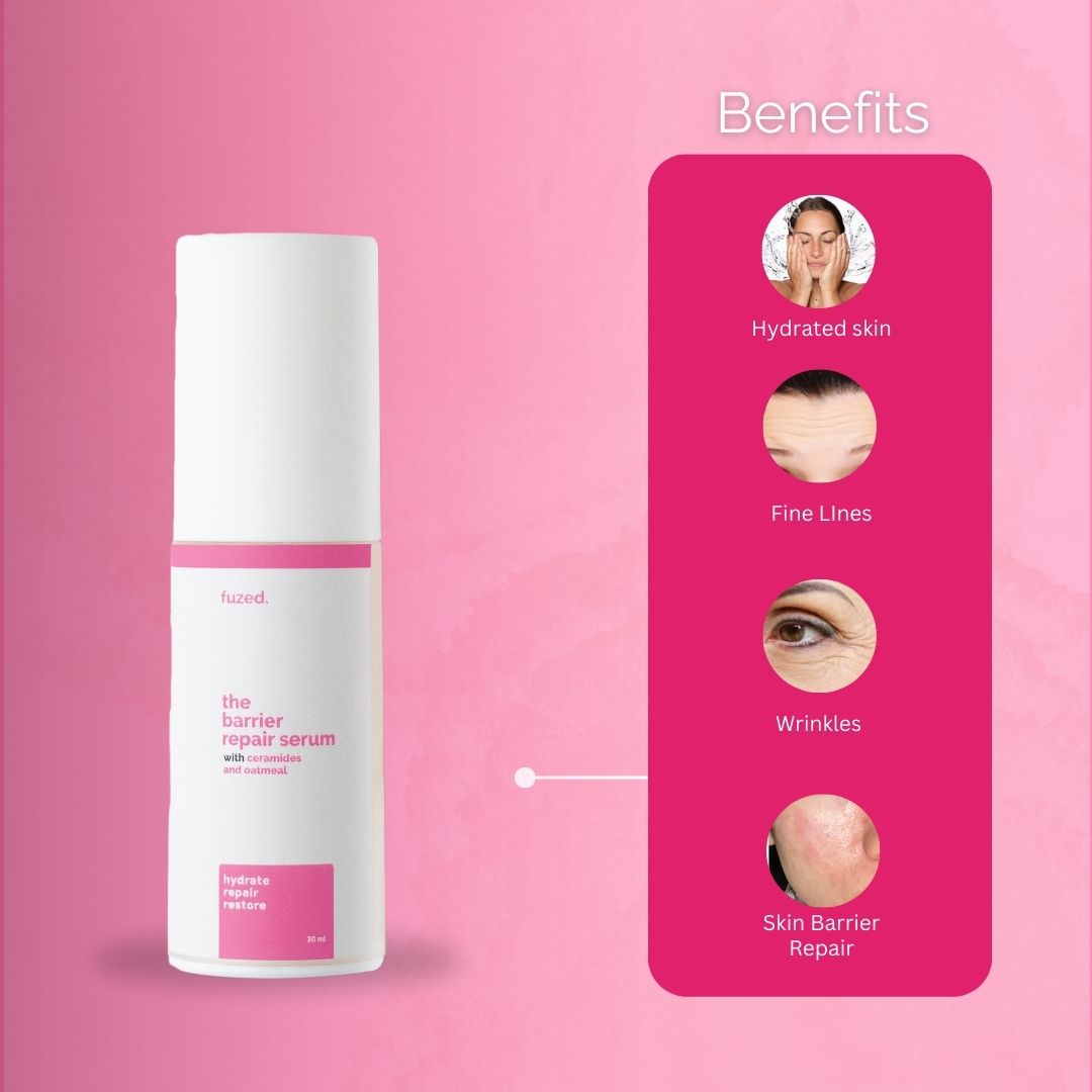Fused Barrier Repair Serum benefits showcasing hydrated skin, fine lines reduction, wrinkle smoothing, and skin barrier repair.
