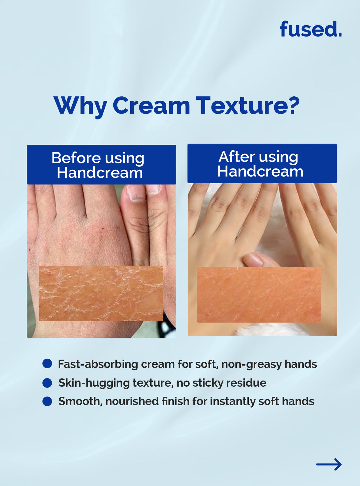Fused Ceramide Hand Cream before and after results showing fast-absorbing non-greasy hydration