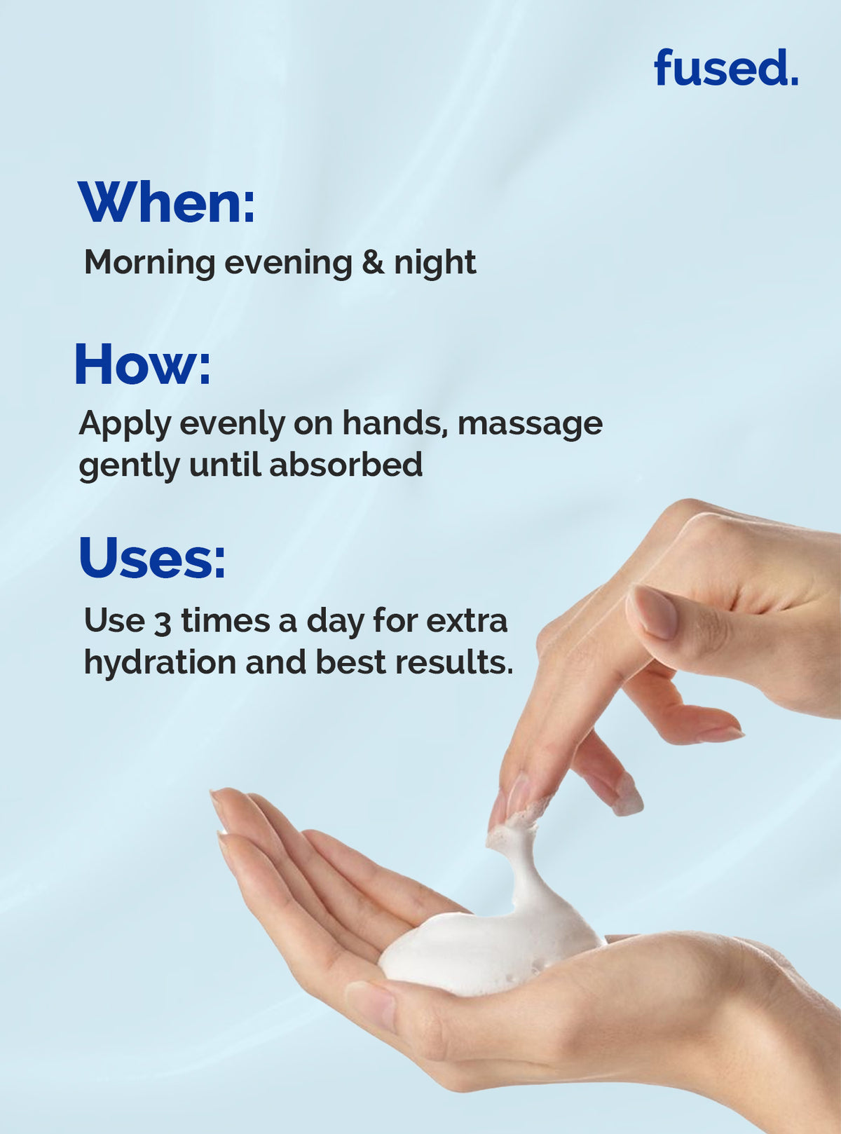 Fused Ceramide Hand Cream application guide showing how and when to apply for best hydration