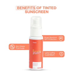 Infographic listing benefits of Fused Foundation Finish Tinted Sunscreen including non-greasy formula, broad spectrum SPF protection, and long-lasting comfort